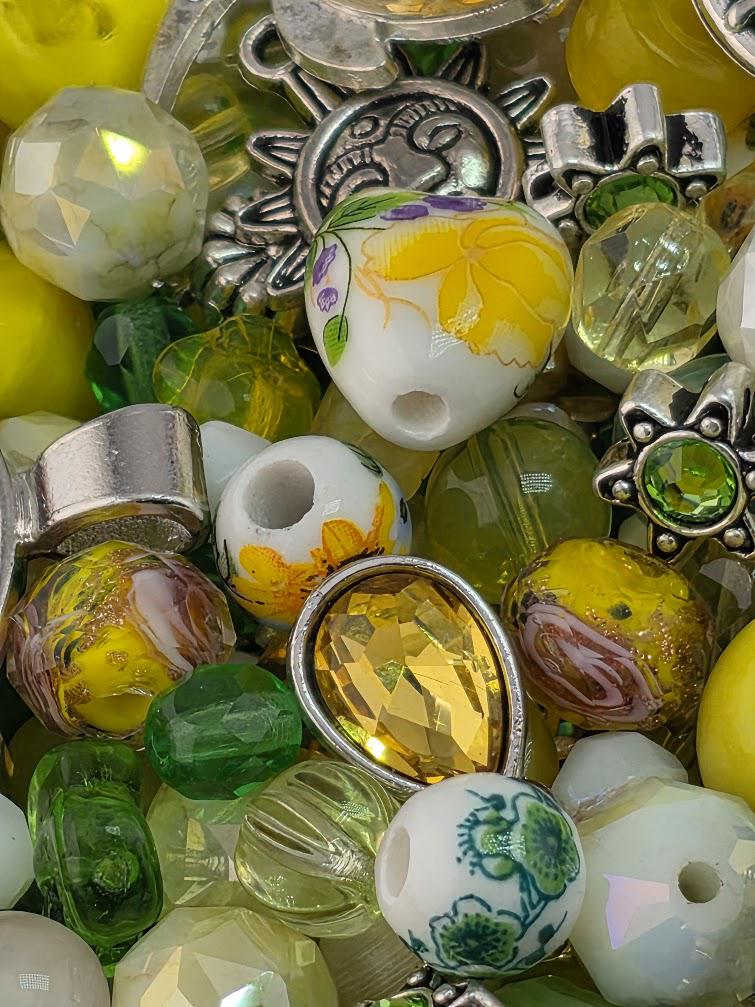 Sunflower Fields Bead Soup Mix | Sunny Yellow and Emerald Glass Beads | Sunflower and Daisy Cabochon Pendants | DIY Jewelry Making