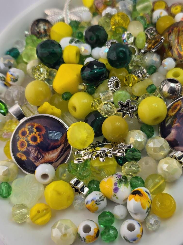 Sunflower Fields Bead Soup Mix | Sunny Yellow and Emerald Glass Beads | Sunflower and Daisy Cabochon Pendants | DIY Jewelry Making