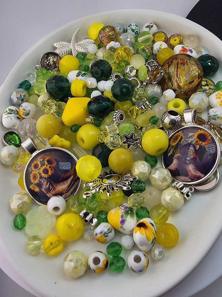 Sunflower Fields Bead Soup Mix | Sunny Yellow and Emerald Glass Beads | Sunflower and Daisy Cabochon Pendants | DIY Jewelry Making