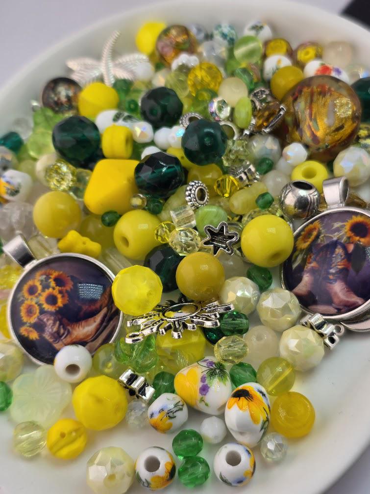 Sunflower Fields Bead Soup Mix | Sunny Yellow and Emerald Glass Beads | Sunflower and Daisy Cabochon Pendants | DIY Jewelry Making
