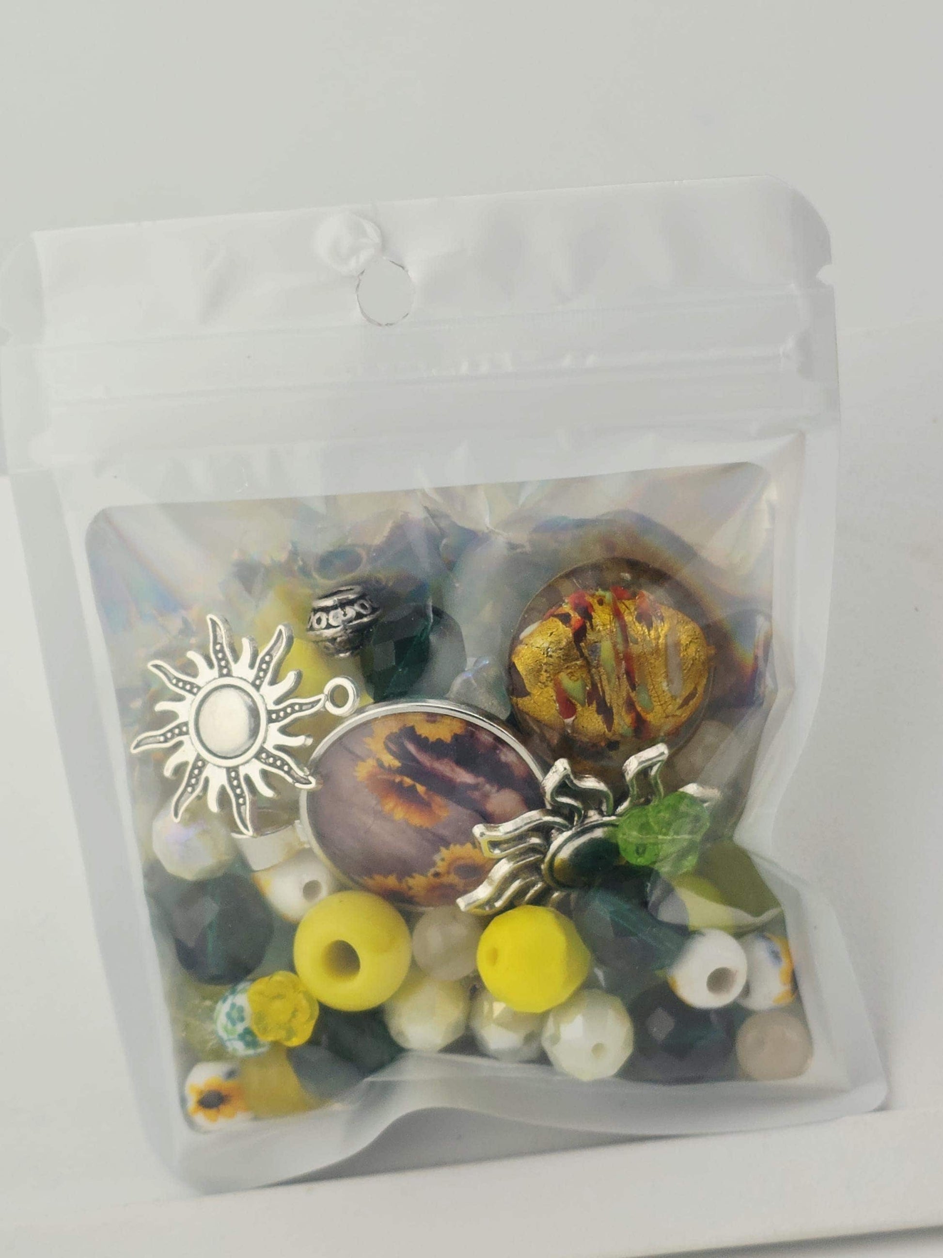 Sunflower Fields Bead Soup Mix | Sunny Yellow and Emerald Glass Beads | Sunflower and Daisy Cabochon Pendants | DIY Jewelry Making