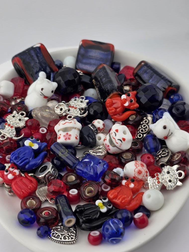 Glass / Ceramic Bead Soup Mix - Lucky Cat | Red, White & Navy Glass / Ceramic Beads | Lucky Cat / Kitten Charms | DIY Jewelry Making Supply