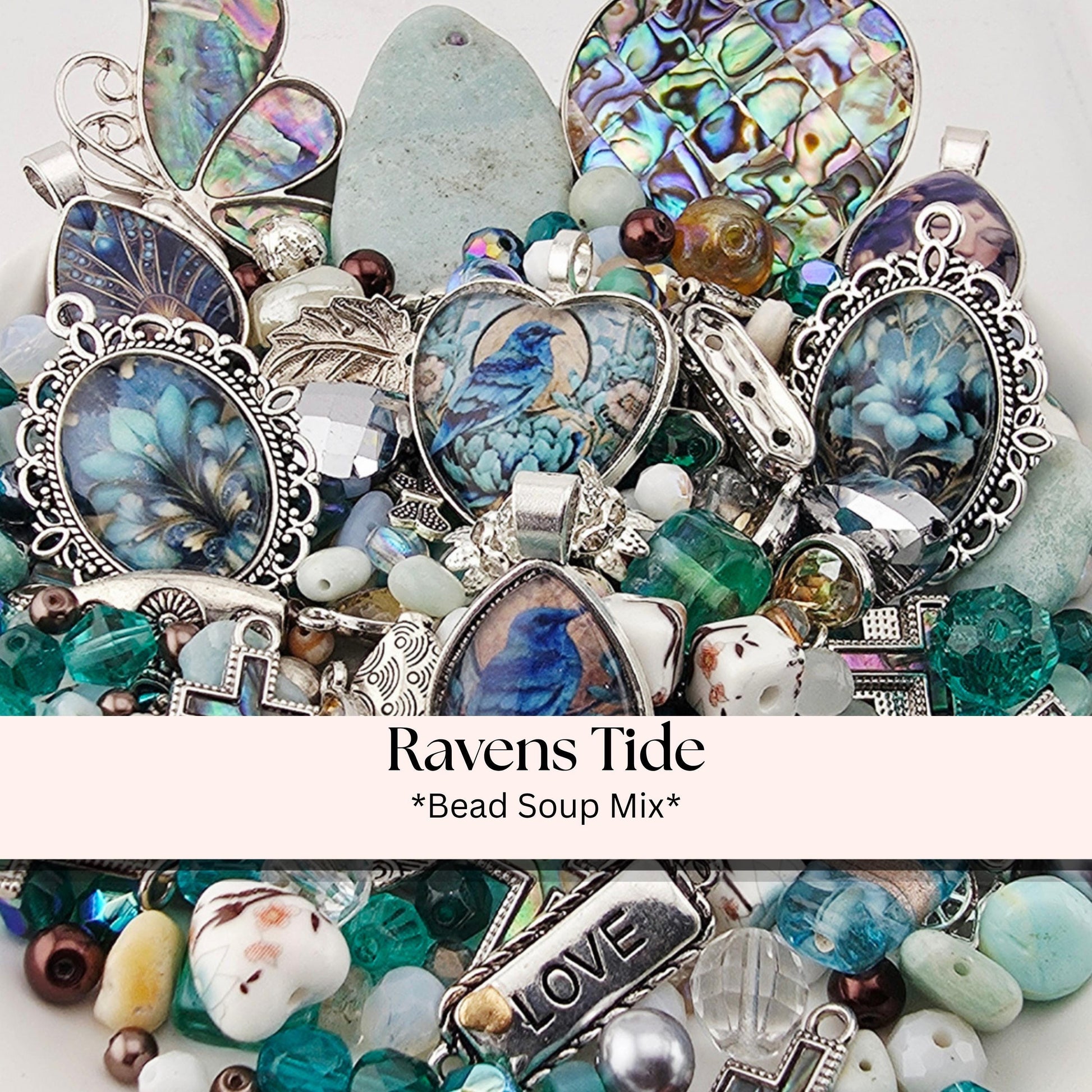 Glass Bead Soup Mix - Raven's Tide | Teal and Abalone Shell Glass Beads | Blue Raven and Abalone Heart Pendants | DIY Jewelry Making Supply