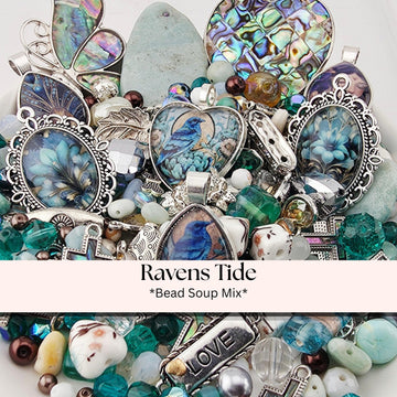 Glass Bead Soup Mix - Raven's Tide | Teal and Abalone Shell Glass Beads | Blue Raven and Abalone Heart Pendants | DIY Jewelry Making Supply
