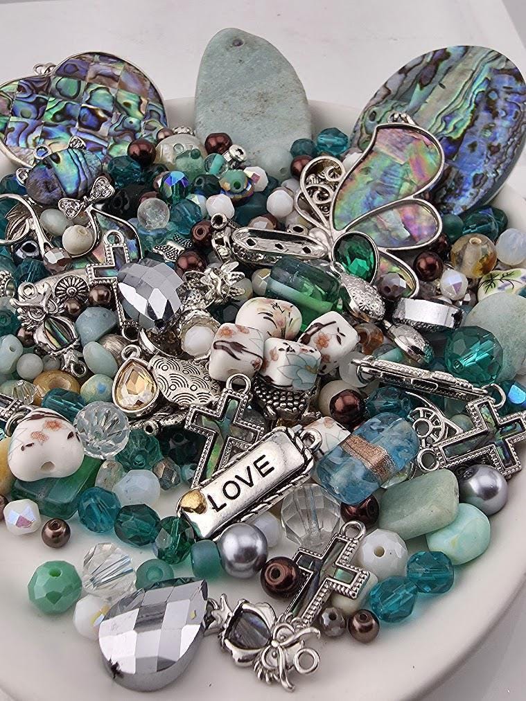 Glass Bead Soup Mix - Raven's Tide | Teal and Abalone Shell Glass Beads | Blue Raven and Abalone Heart Pendants | DIY Jewelry Making Supply