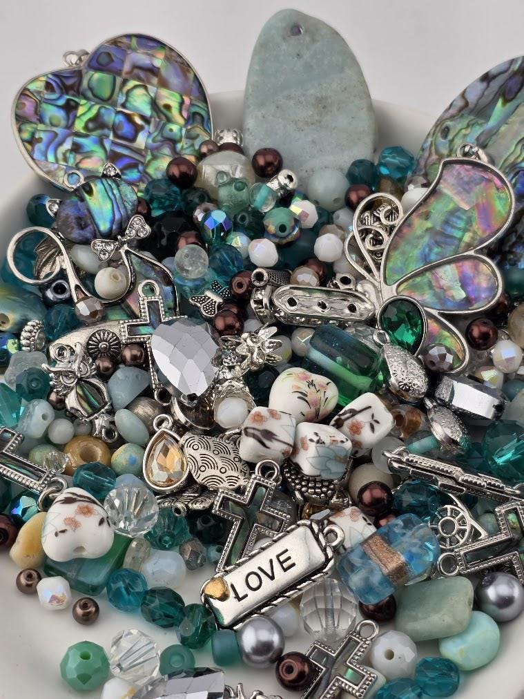 Glass Bead Soup Mix - Raven's Tide | Teal and Abalone Shell Glass Beads | Blue Raven and Abalone Heart Pendants | DIY Jewelry Making Supply