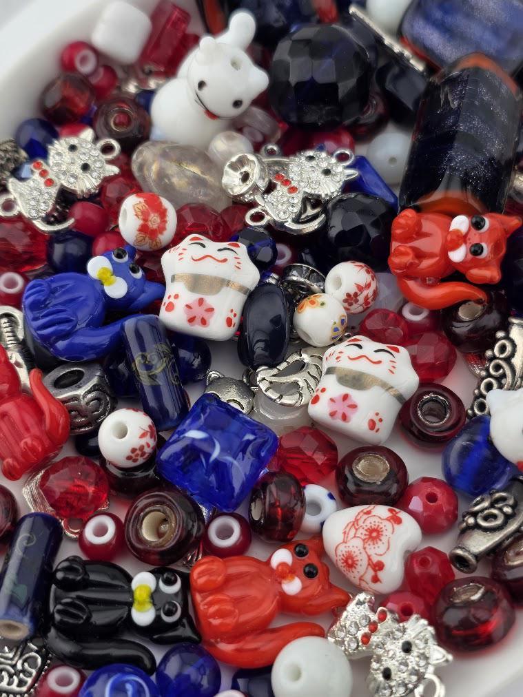 Glass / Ceramic Bead Soup Mix - Lucky Cat | Red, White & Navy Glass / Ceramic Beads | Lucky Cat / Kitten Charms | DIY Jewelry Making Supply
