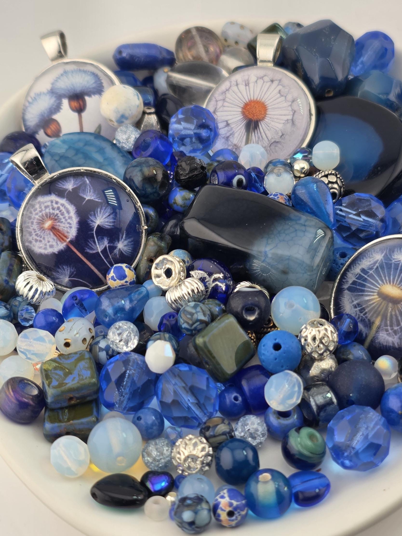 Make a Wish Bead Soup Mix | Cobalt Blue and Opal Glass Beads | Dandelion Wish Cabochon Pendants | DIY Jewelry Making | Learise Curated Mix
