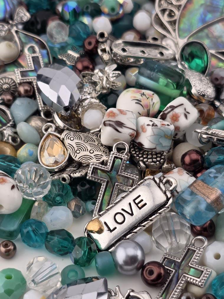 Glass Bead Soup Mix - Raven's Tide | Teal and Abalone Shell Glass Beads | Blue Raven and Abalone Heart Pendants | DIY Jewelry Making Supply