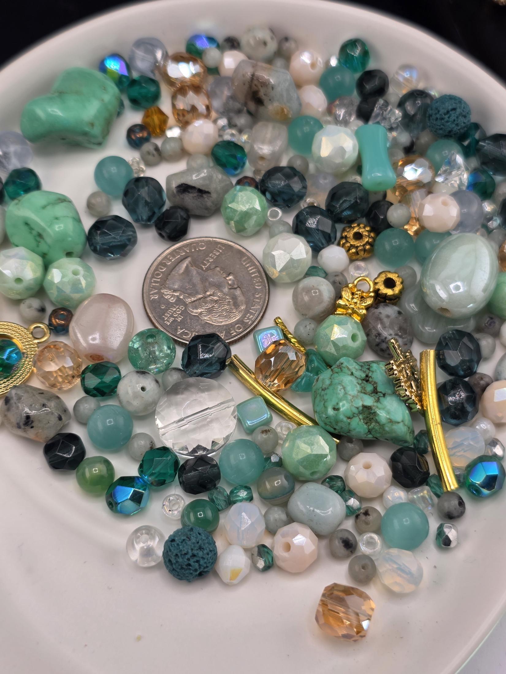 Faerie Court Bead Soup Mix | Teal, Black and Gold Glass Beads | Fae and Cat Cabochon Pendants | DIY Jewelry Making | Learise Curated Mix