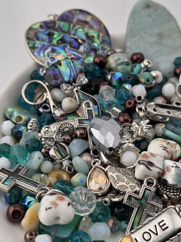 Glass Bead Soup Mix - Raven's Tide | Teal and Abalone Shell Glass Beads | Blue Raven and Abalone Heart Pendants | DIY Jewelry Making Supply