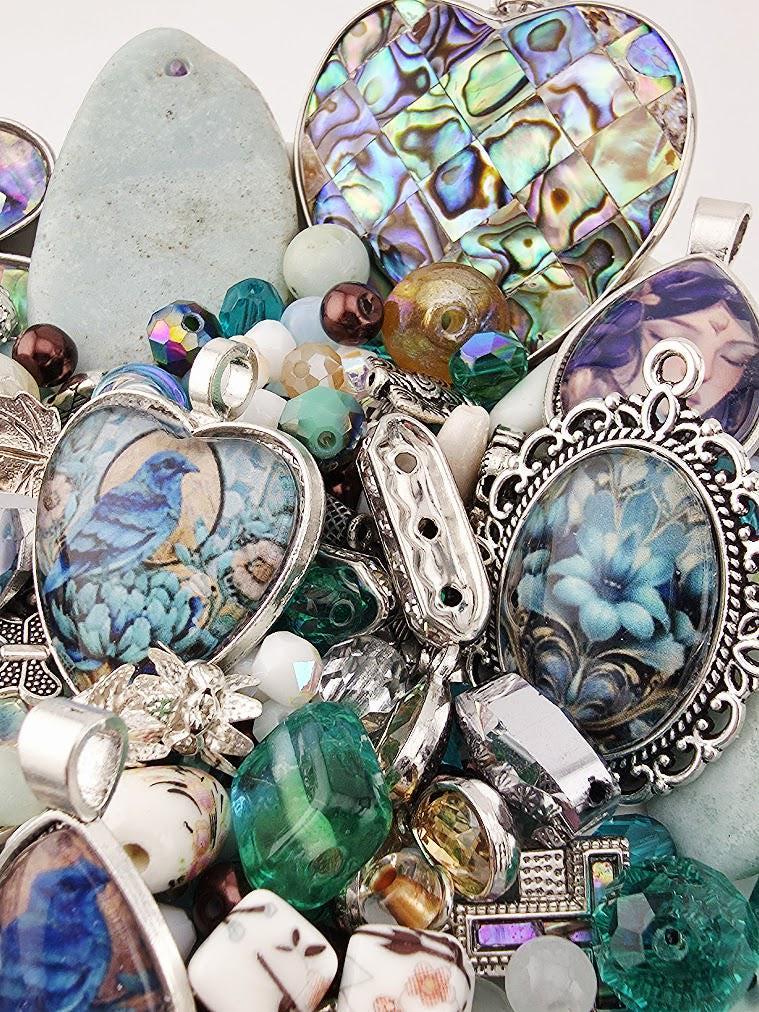 Glass Bead Soup Mix - Raven's Tide | Teal and Abalone Shell Glass Beads | Blue Raven and Abalone Heart Pendants | DIY Jewelry Making Supply