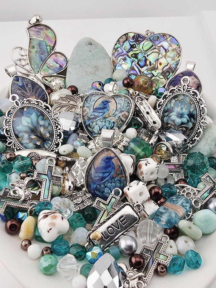Glass Bead Soup Mix - Raven's Tide | Teal and Abalone Shell Glass Beads | Blue Raven and Abalone Heart Pendants | DIY Jewelry Making Supply