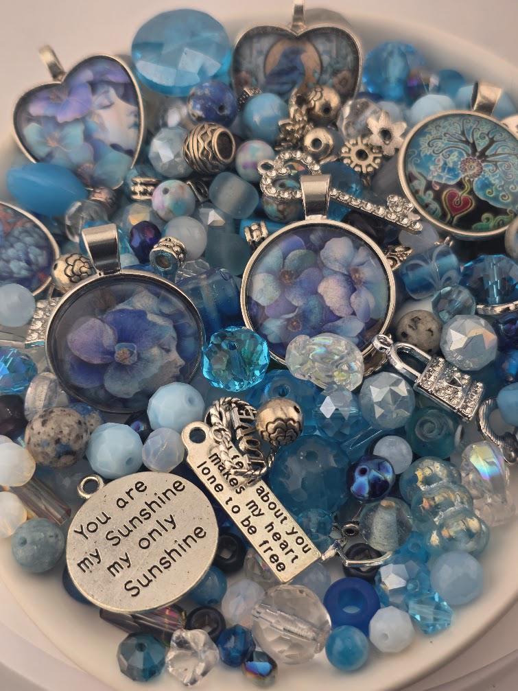 Sunshine Sky Bead Soup Mix | Aqua Sky Blue Glass Beads | Heart Sentiment Cabochon Pendants | DIY Jewelry Making | Learise Curated Mix