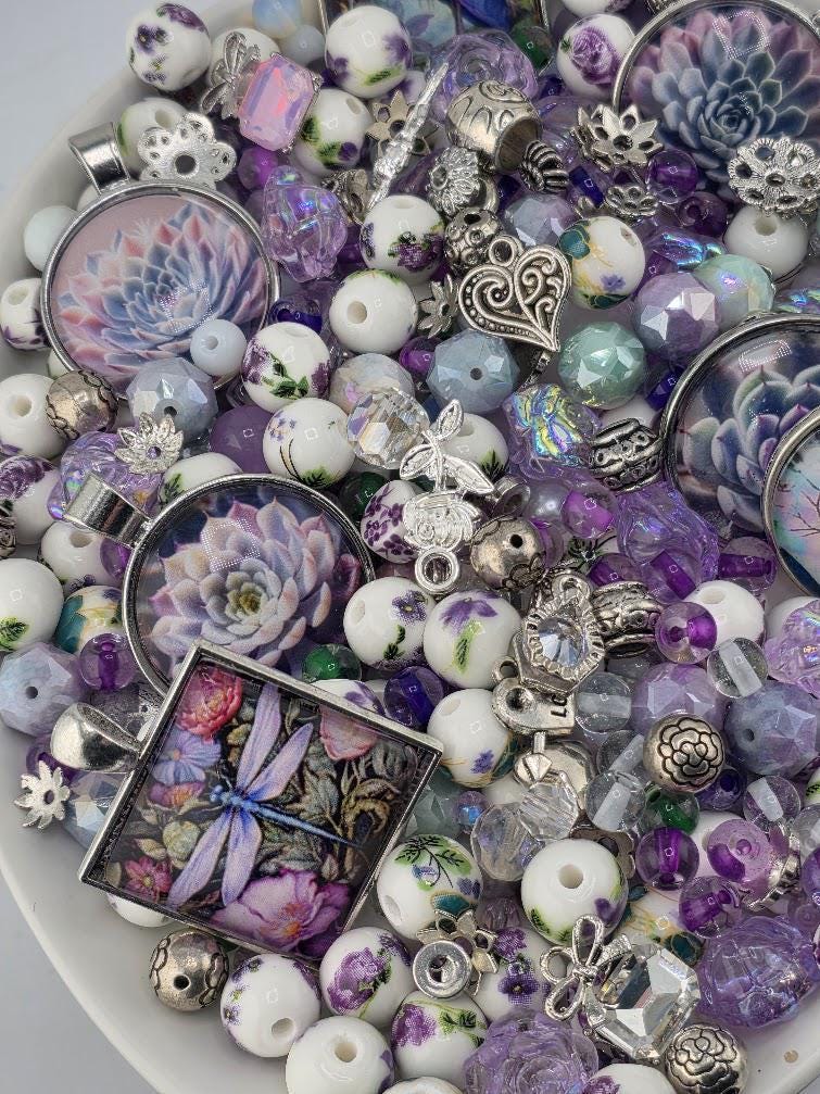 Lilac Larkspur Bead Soup Mix | Lavender Amethyst Glass Beads | Succulent Cabochon Pendants | DIY Jewelry Making | Learise Curated Mix