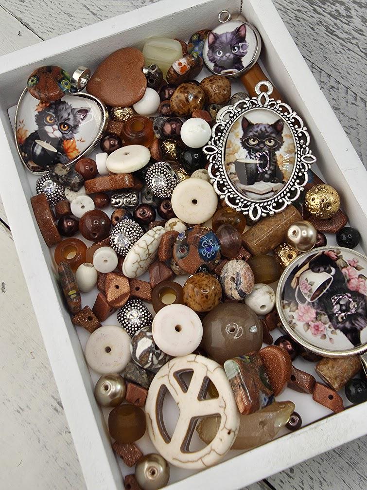 Whiskers and Cream Bead Soup Mix | Warm Brown and Cream Glass Beads | Cat Cabochon Pendants | DIY Jewelry Making | Learise Curated Mix