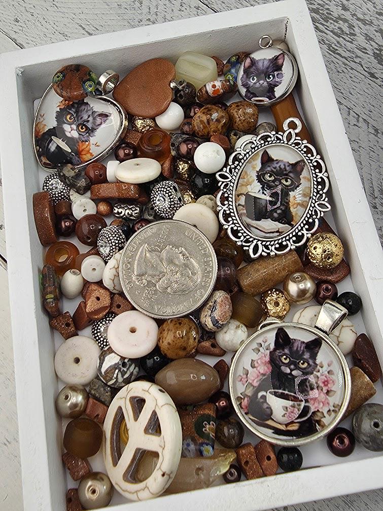 Whiskers and Cream Bead Soup Mix | Warm Brown and Cream Glass Beads | Cat Cabochon Pendants | DIY Jewelry Making | Learise Curated Mix