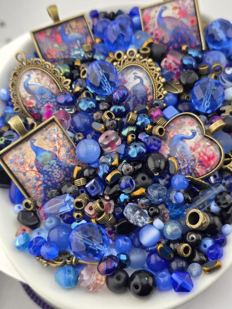 Peacock Pearl Bead Soup Mix | Cobalt Bronze Glass Beads | Peacock Feather Cabochon Pendants | DIY Jewelry Making | Learise Curated Mix