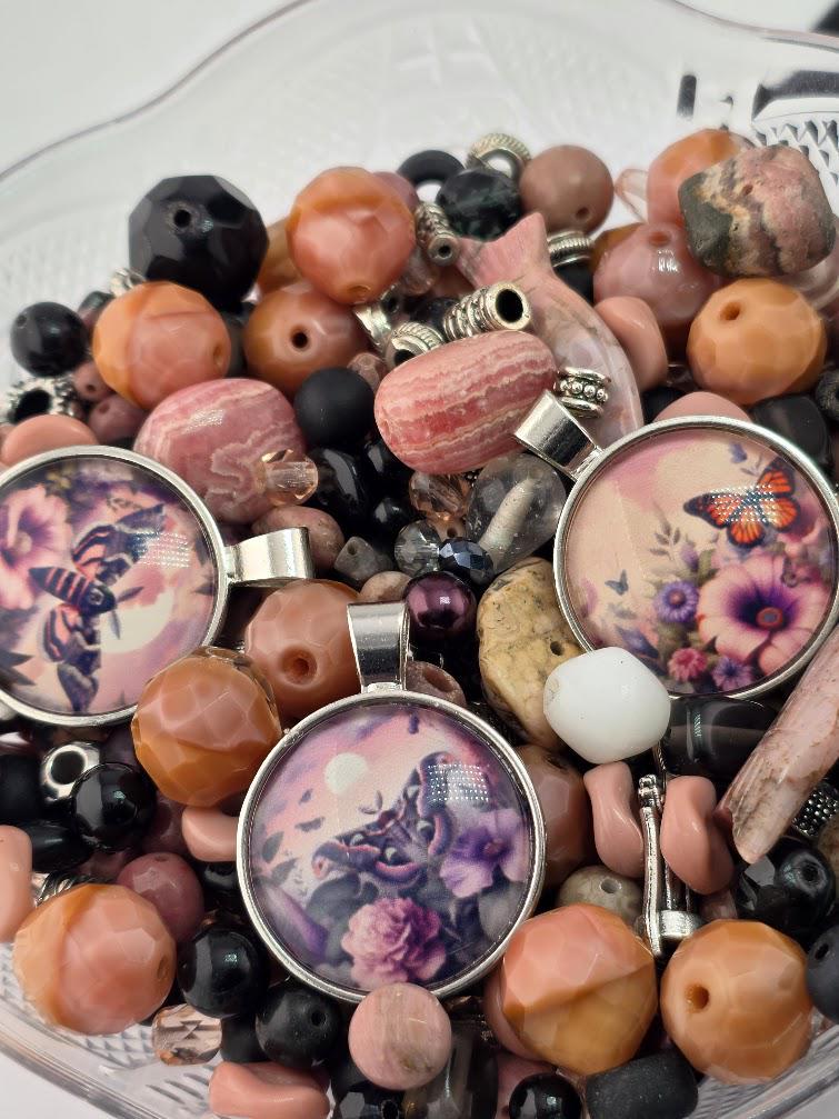 Blush and Onyx Bead Soup Mix | Blush, Peach and Black Glass Beads | Bee and Cat Cabochon Pendants | DIY Jewelry Making | Learise Curated Mix