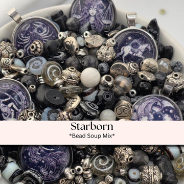 Starborn Bead Soup Mix | Inky Purple and Silver Glass Beads | Zodiac Cabochon Pendants | DIY Jewelry Making | Learise Curated Mix