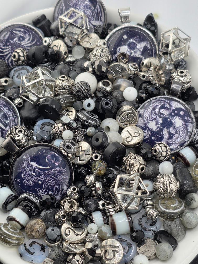Starborn Bead Soup Mix | Inky Purple and Silver Glass Beads | Zodiac Cabochon Pendants | DIY Jewelry Making | Learise Curated Mix