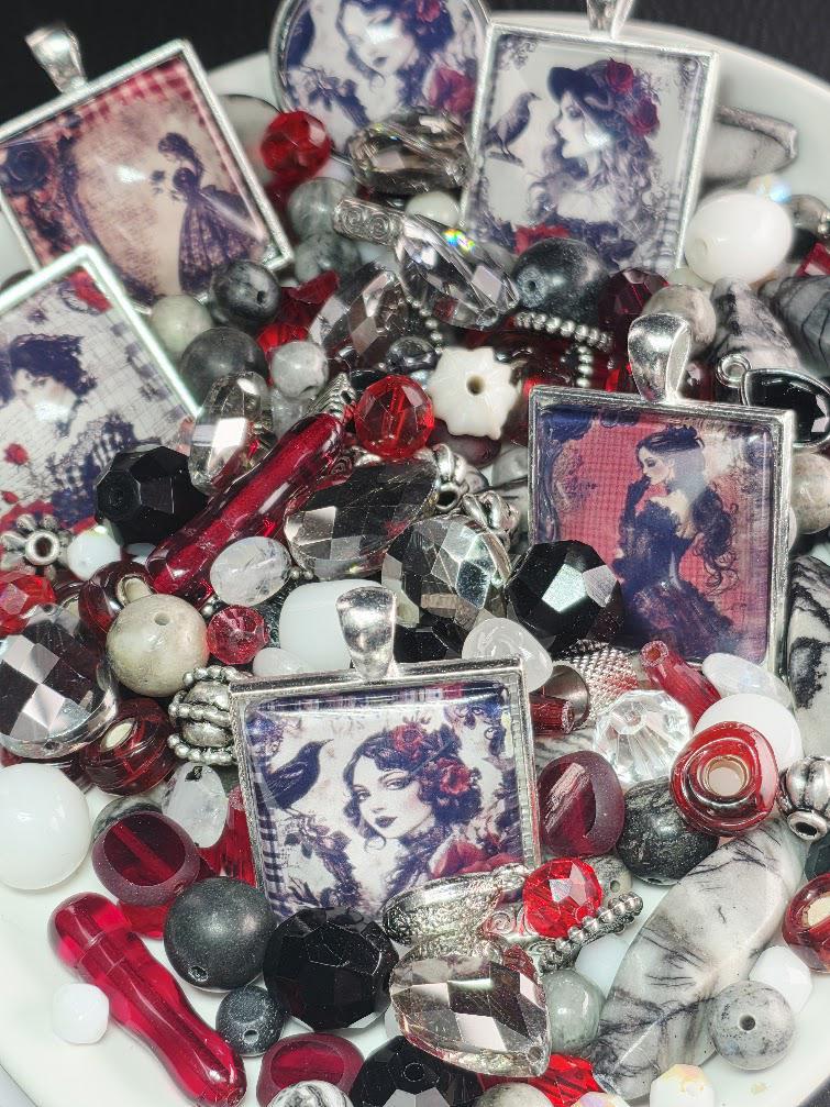 Scarlet and Smoke Bead Soup Mix | Scarlet Red and Black Glass Beads | Gothic Portrait Cabochon Pendants | DIY Jewelry Making