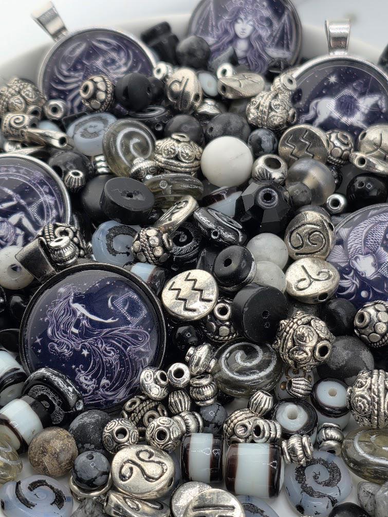 Starborn Bead Soup Mix | Inky Purple and Silver Glass Beads | Zodiac Cabochon Pendants | DIY Jewelry Making | Learise Curated Mix