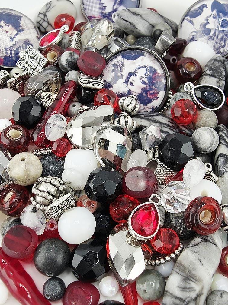 Scarlet and Smoke Bead Soup Mix | Scarlet Red and Black Glass Beads | Gothic Portrait Cabochon Pendants | DIY Jewelry Making
