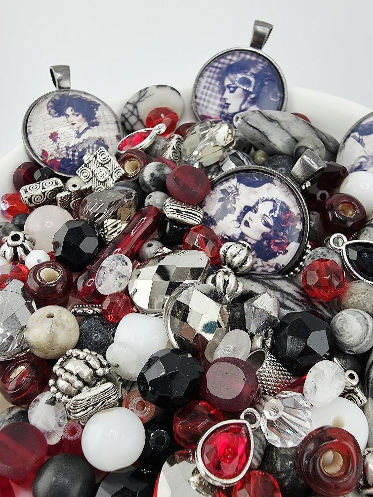 Scarlet and Smoke Bead Soup Mix | Scarlet Red and Black Glass Beads | Gothic Portrait Cabochon Pendants | DIY Jewelry Making