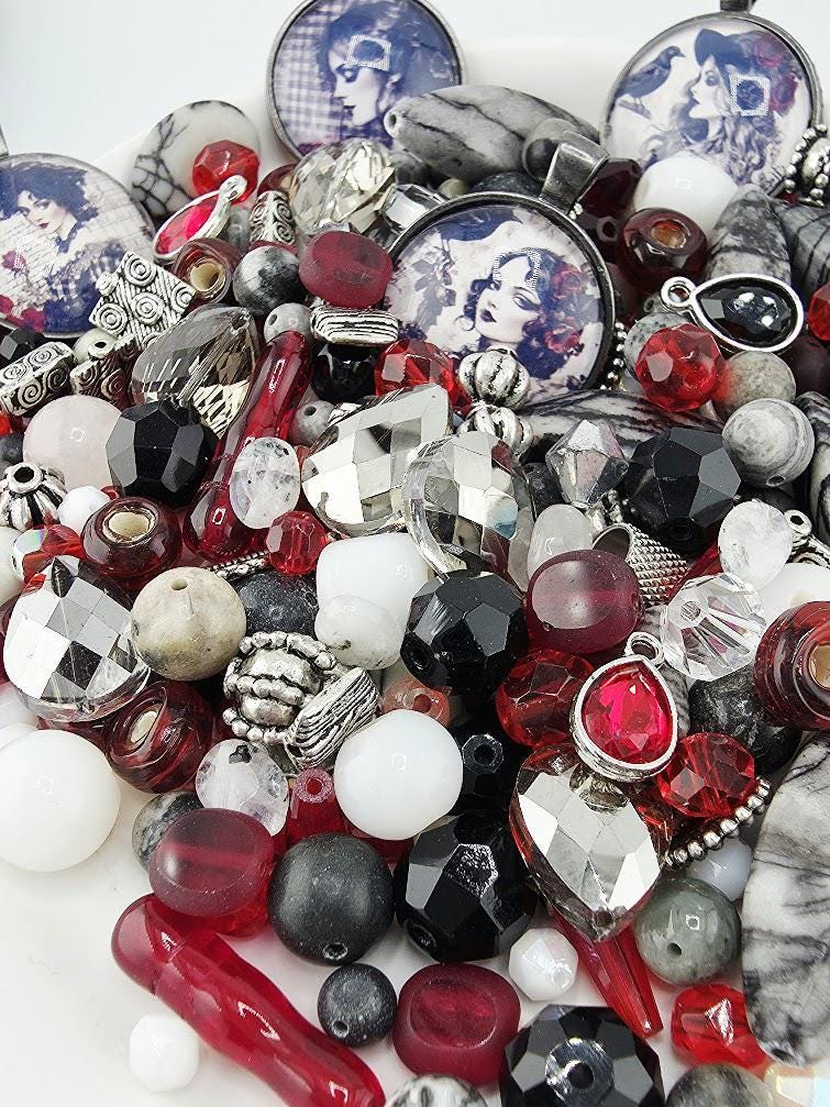 Scarlet and Smoke Bead Soup Mix | Scarlet Red and Black Glass Beads | Gothic Portrait Cabochon Pendants | DIY Jewelry Making