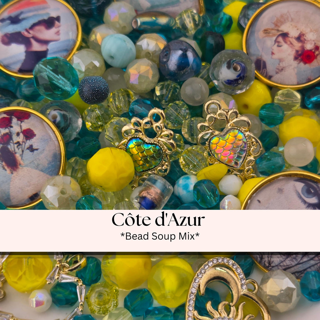 Paradise Cove Bead Soup Mix | Ocean Blue and Coral Glass Beads | Tropical Parrot and Hibiscus Cabochon Pendants | DIY Jewelry Making