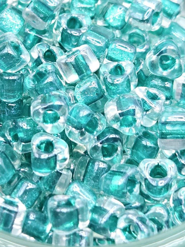 Crystal/Bright Green Inside Color Lined Sparkle Miyuki Triangle Size 5/0 (15g Pkg)