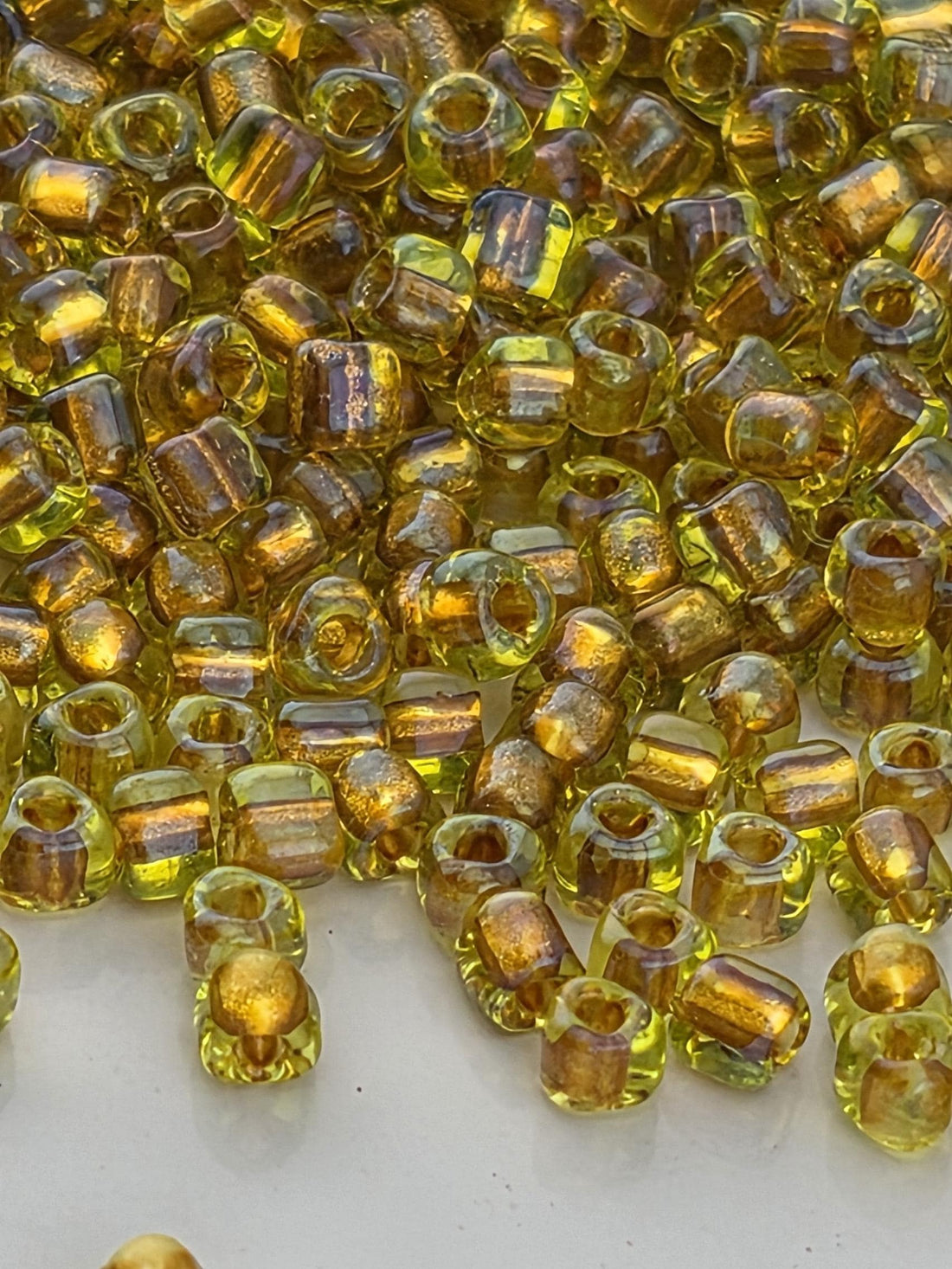 Peridot/Amber Inside Color Lined Sparkle Miyuki Triangle Size 10/0 (15g Pkg)