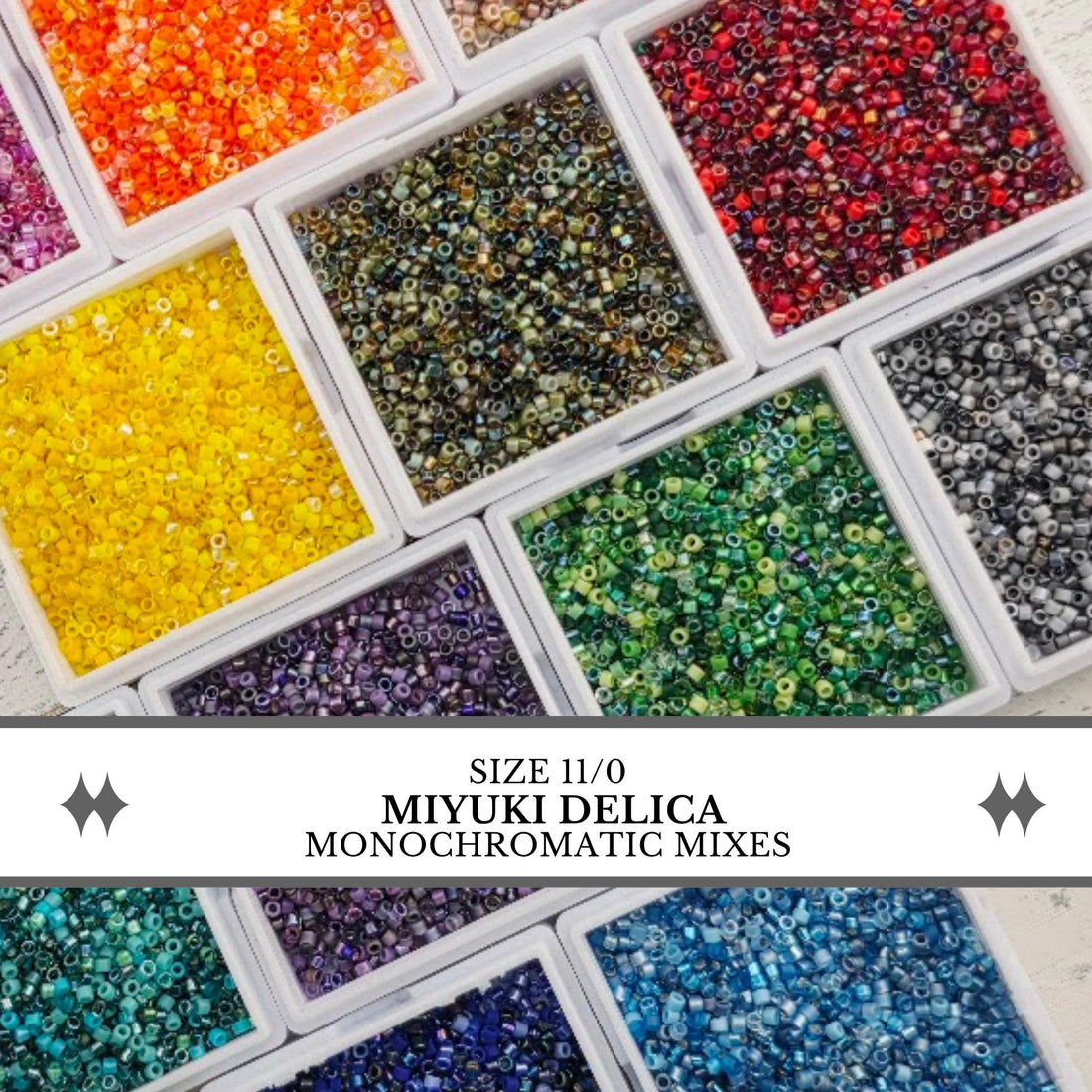 a collection of colorful monochromatic beads in various sizes, arranged in multiple containers.