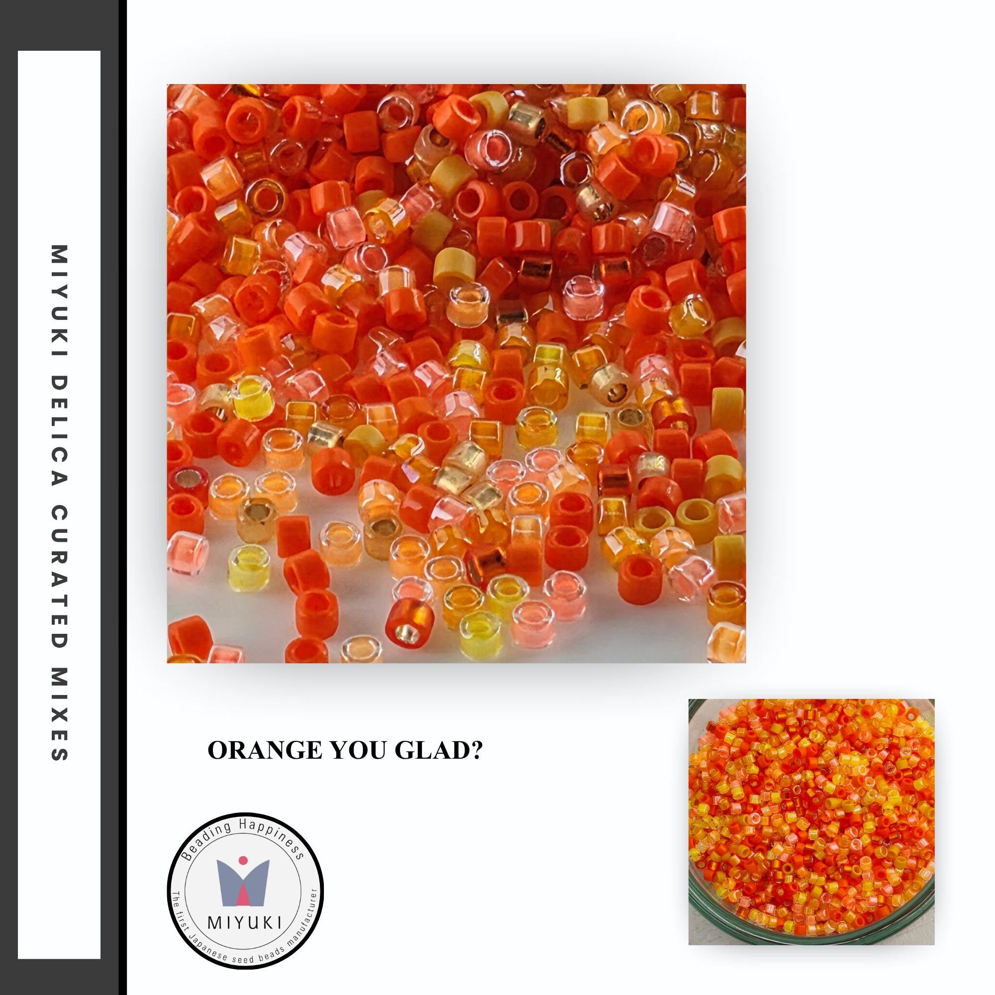 The image is a collage of two images. The top image shows a pile of colorful beads in various shades of orange, yellow, and red. The bottom image shows a bowl filled with the same colorful beads. The text at the bottom of the image reads "ORANGE YOU GLAD?"