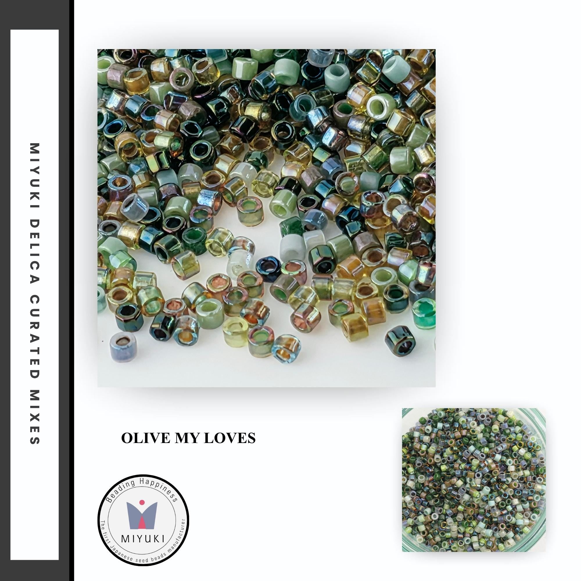 The image is a collage of two images. The top image shows a pile of multicolored glass beads, while the bottom image features a bowl filled with similar multicolored glass beads. The text "OLIVE MY LOVES" is visible in the image.