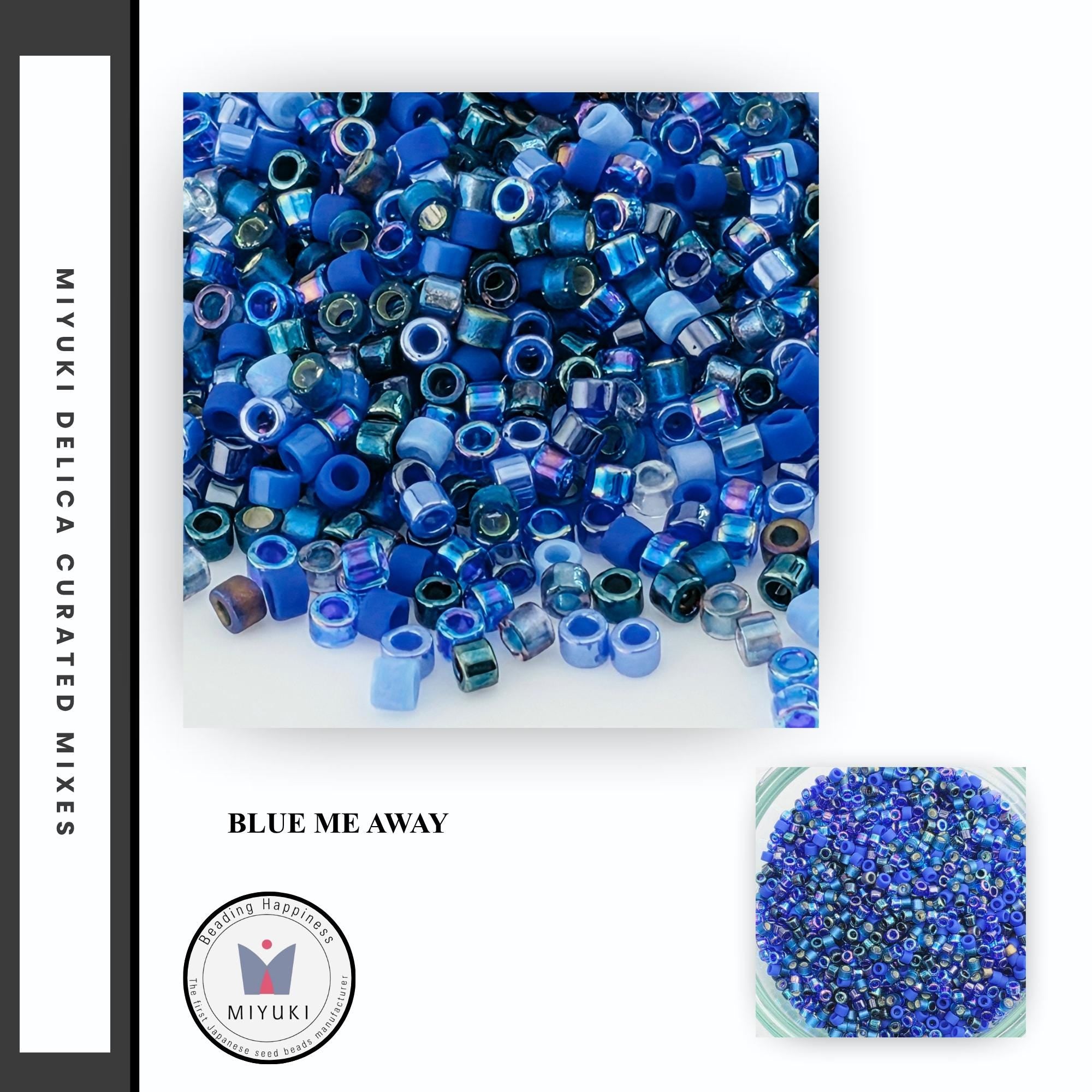 The image is a collage of two images. The top image shows a pile of blue beads, while the bottom image shows a bowl filled with blue beads. The text "BLUE ME AWAY" is visible in the image.