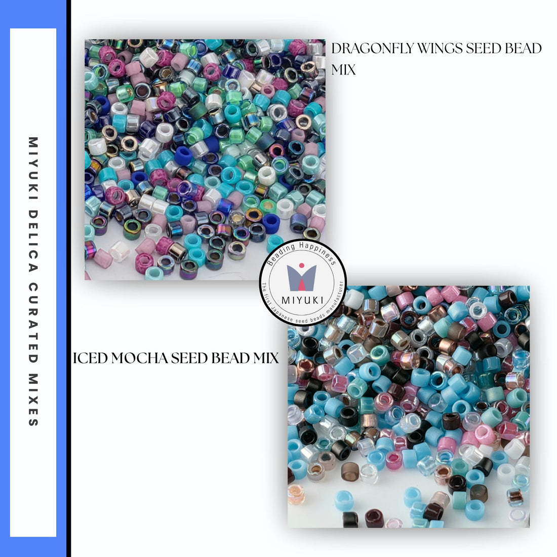 a collection of blue curated mixtures in various sizes, arranged in multiple white containers.