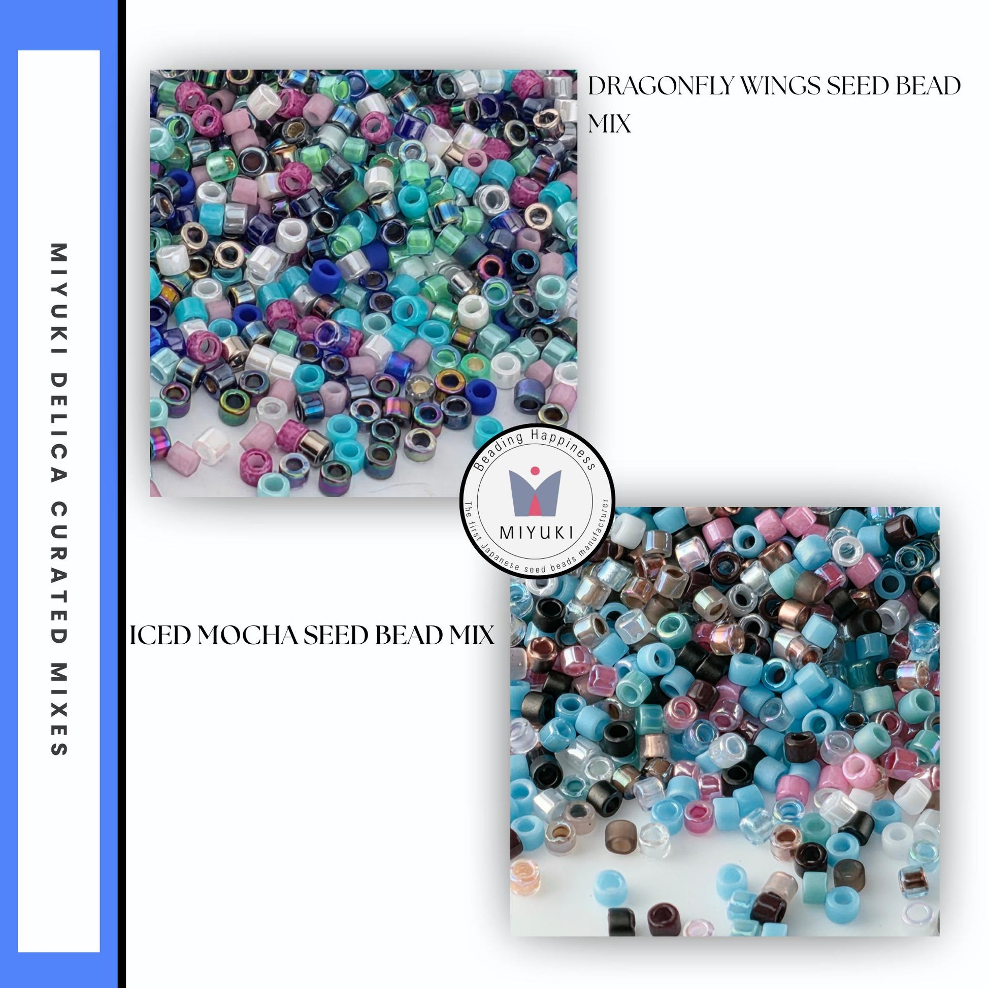 The image is a collage of two images, each showing a different type of seed bead mix: Dragonfly Wings Seed Bead Mix and Iced Mocha Seed Bead Mix. The Dragonfly Wings Mix is a vibrant mix of colorful seed beads in shades of blue, green, purple, and pink, while the Iced Mocha Seed Bead Mix is a more subdued mix of seed beads in shades of blue, green, and pink.