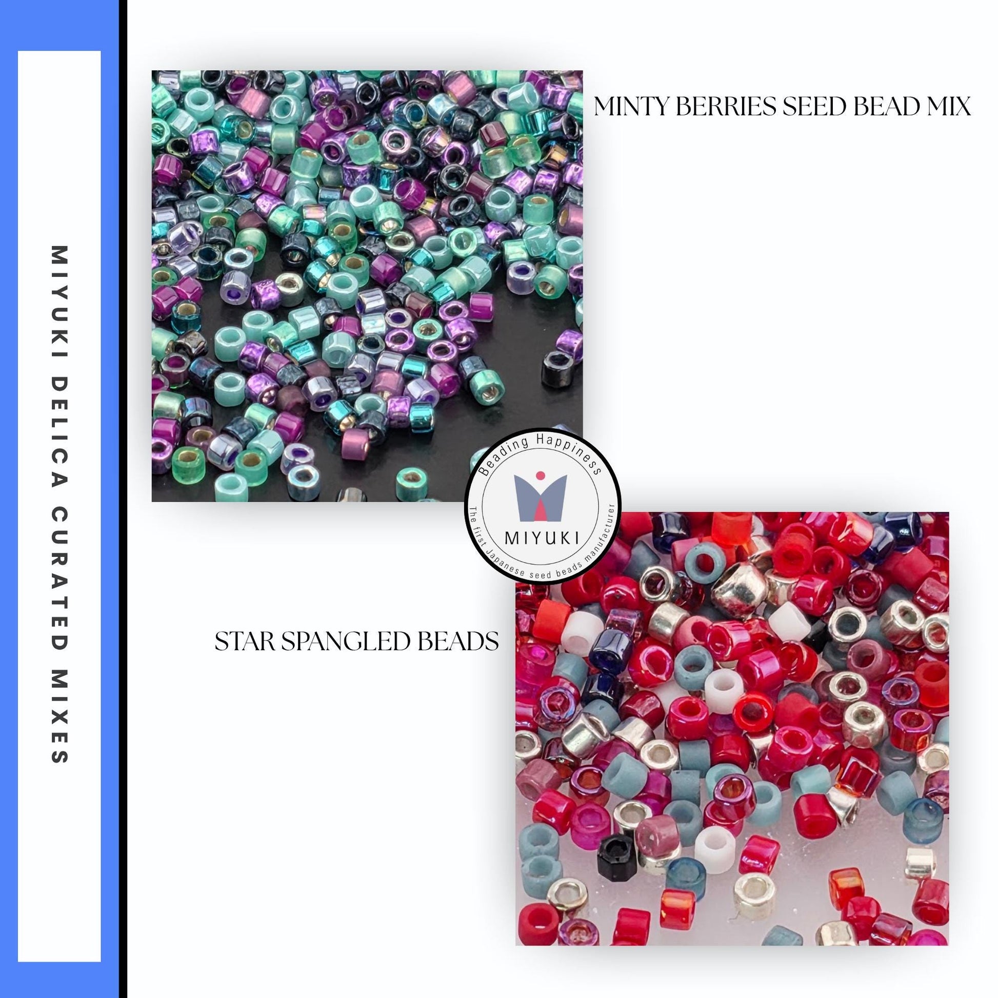 The image is a collage of two images, one showing a collection of colorful beads and the other showing a collection of star-spangled beads.