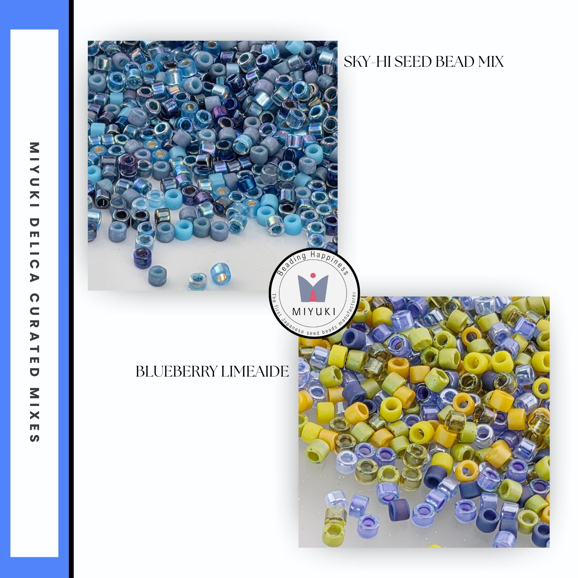 The image is a collage of two images, each showing a different type of bead mix: a blueberry limeade bead mix and a sky hi seed bead mix. The blueberry limeade bead mix is a mix of blue and yellow beads, while the sky hi seed bead mix is a mix of blue and yellow beads.