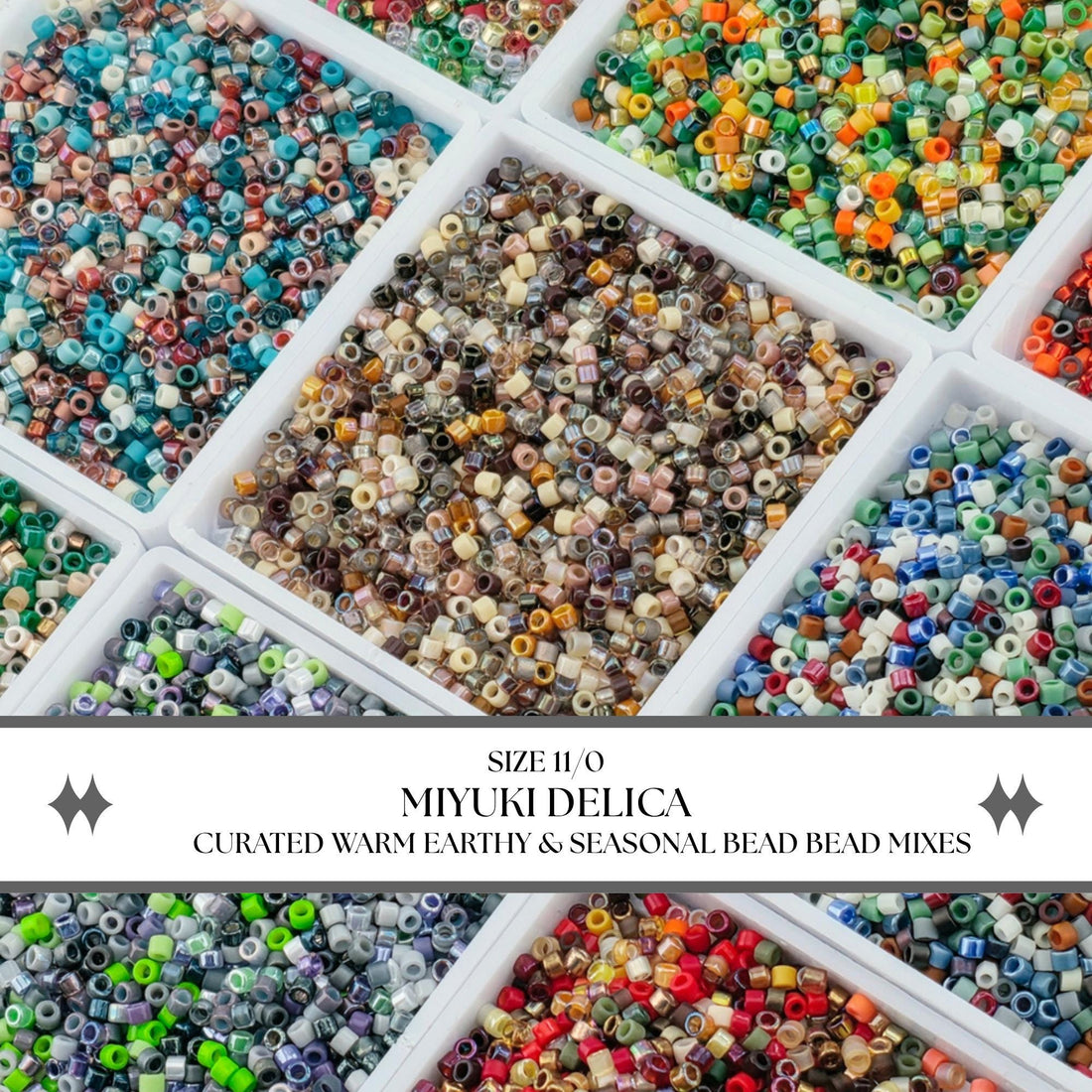 a variety of colorful beads in different shapes and sizes, arranged in multiple containers.