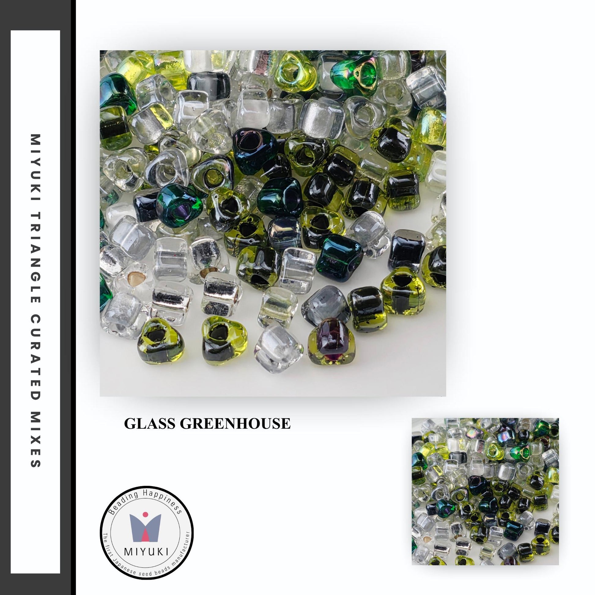 The image is a collage of various glass beads in different colors, including green, yellow, and clear, arranged in a visually appealing manner.