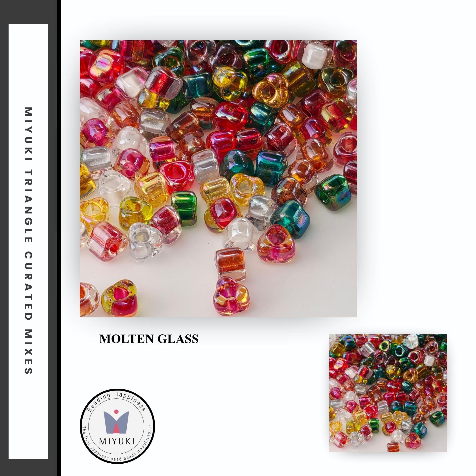 A collage of colorful glass beads in various shapes and sizes, including clear, multicolored, and multilayer beads.