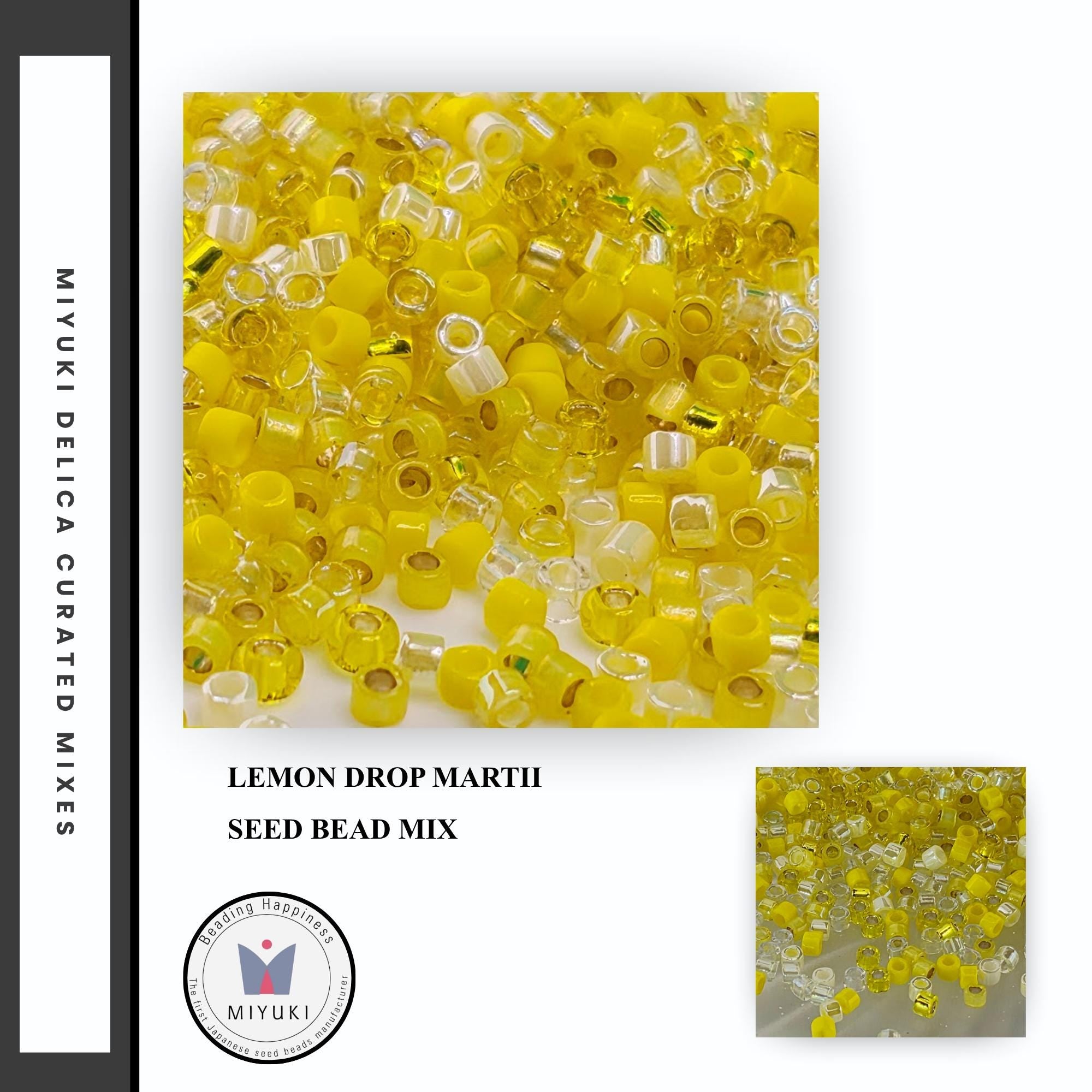 The image is a collage of multiple images featuring yellow seed beads, with one image prominently displaying a large pile of yellow seed beads and another image showing a smaller pile of yellow seed beads.