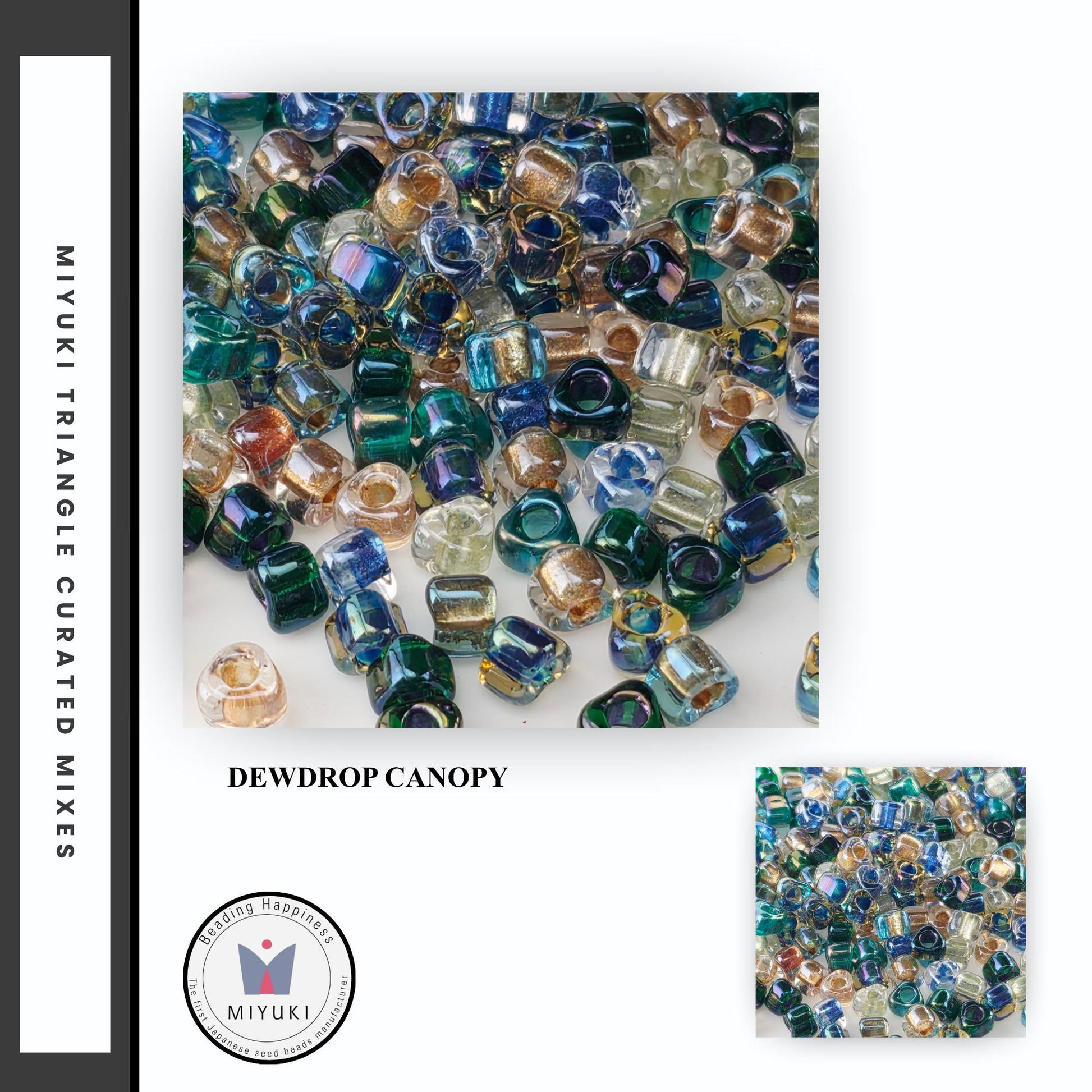 A collection of colorful glass beads, including various shades of blue, green, yellow, and orange, arranged in a visually appealing manner.