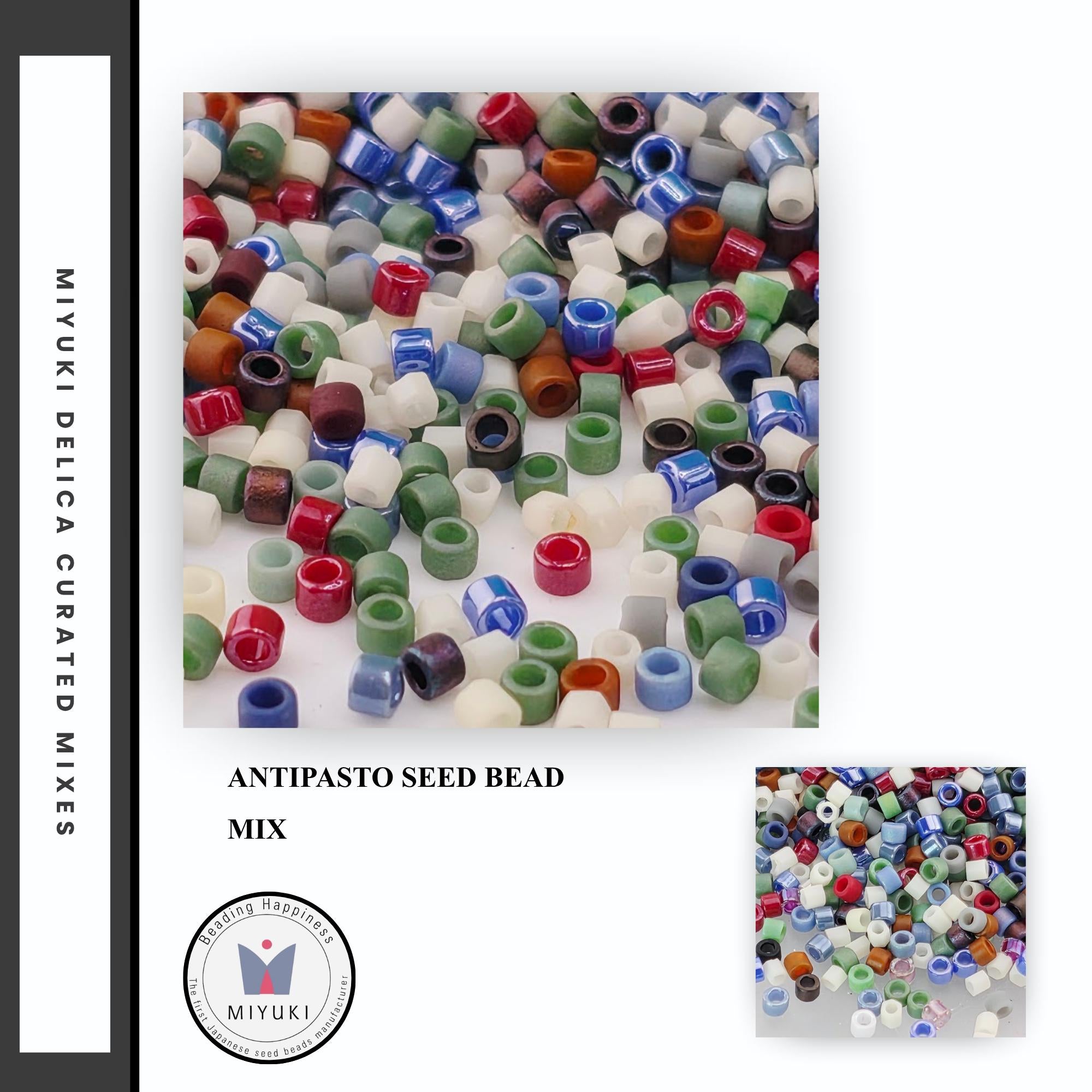 The image is a collage of multiple images featuring a variety of colorful seed beads, including different types of beads in various colors and sizes.