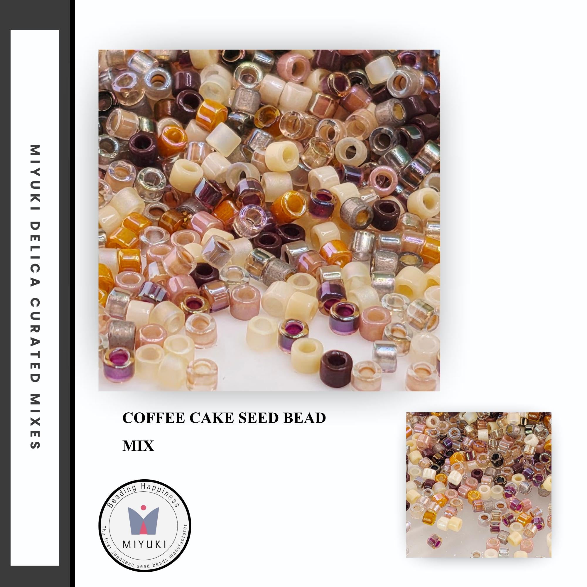 The image is a collage of multiple images featuring a variety of colorful seed bead mixtures, including coffee cake seed beads. The text "COFFEE CAKE SEED Bead MIX" is visible, indicating the type of bead mixture in the image.