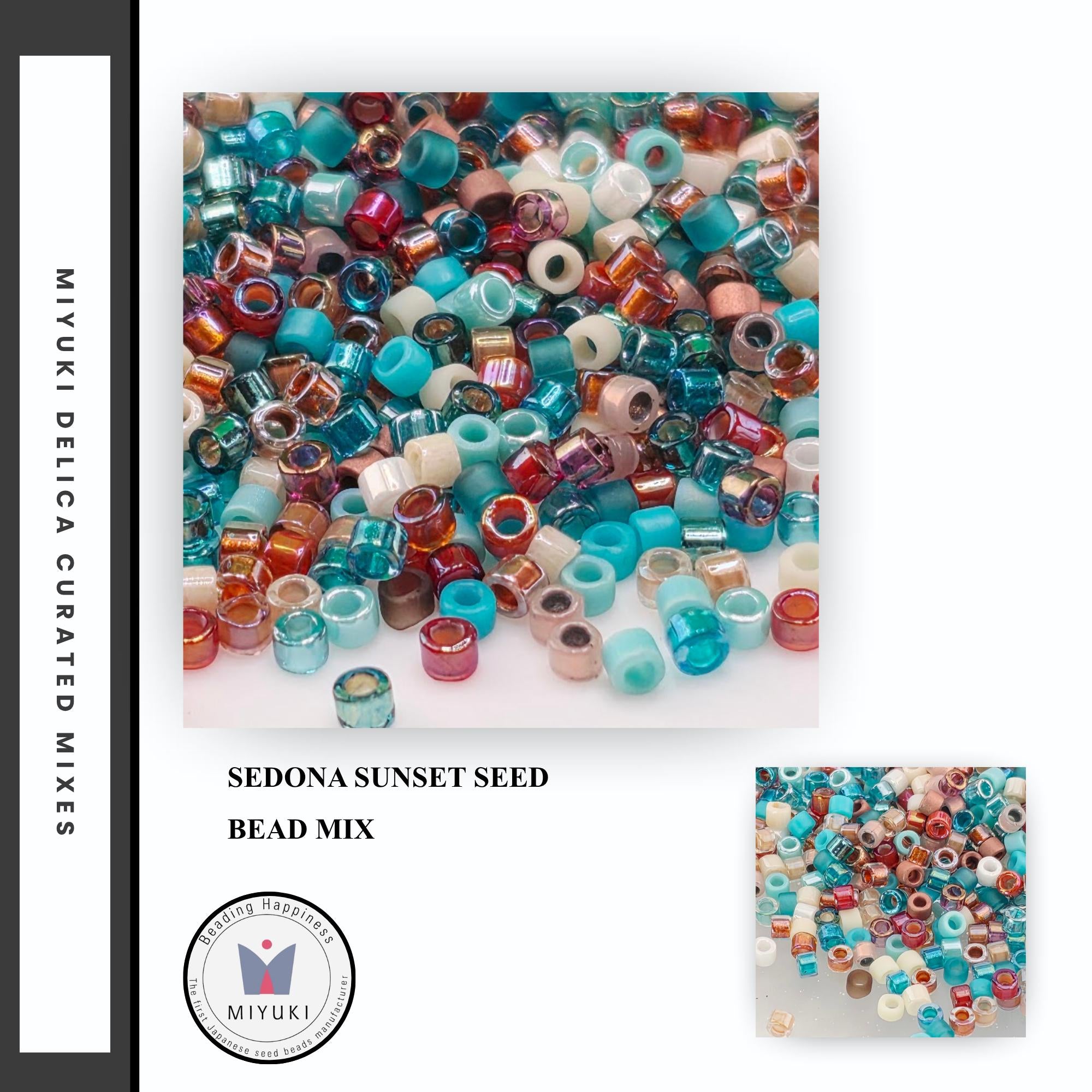 The image is a collage of multiple images featuring a variety of colorful beads, including sedona sunset seed beads mixed with other beads.