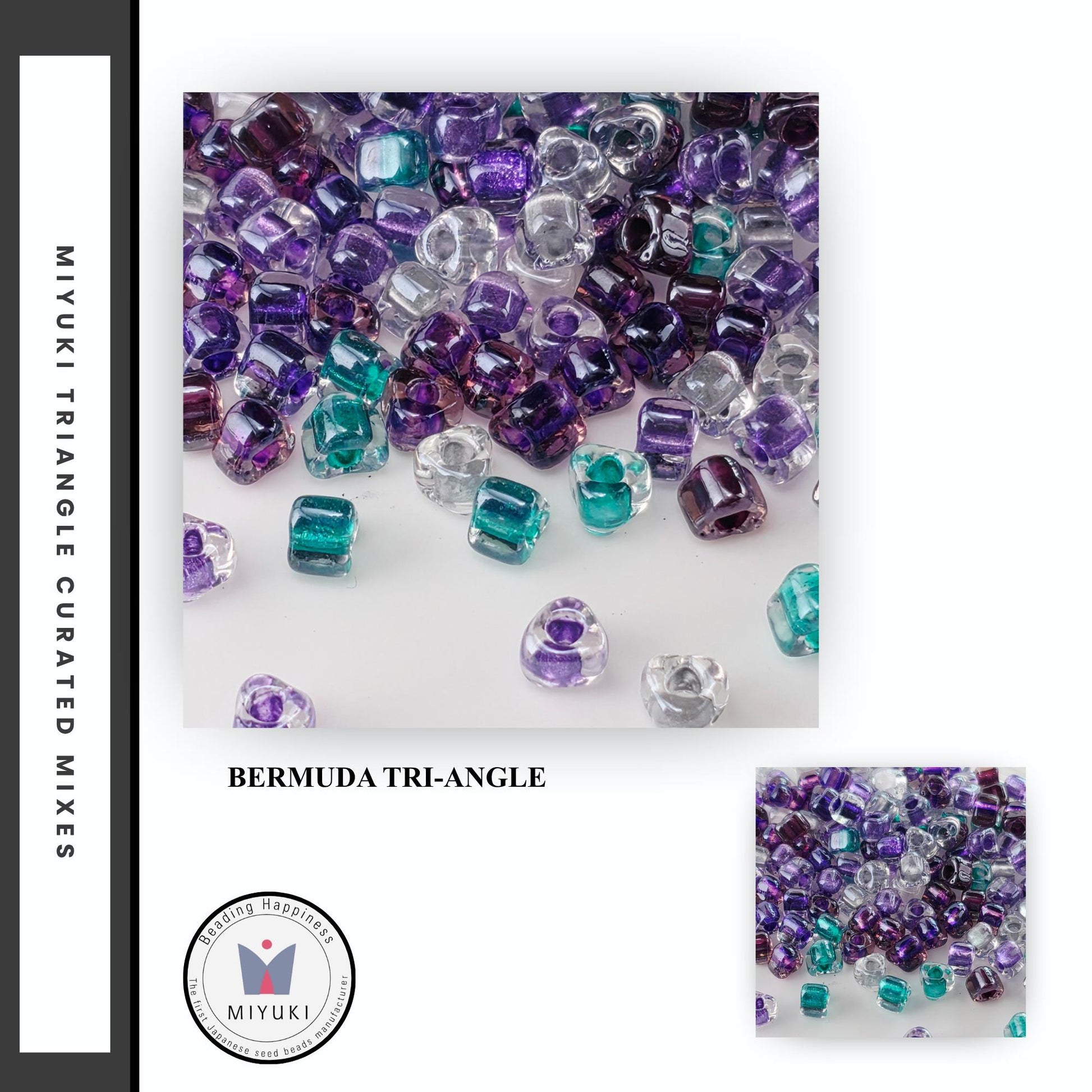 The image is a collage of various colored glass beads, including shades of purple, green, and clear, arranged in a visually appealing manner.